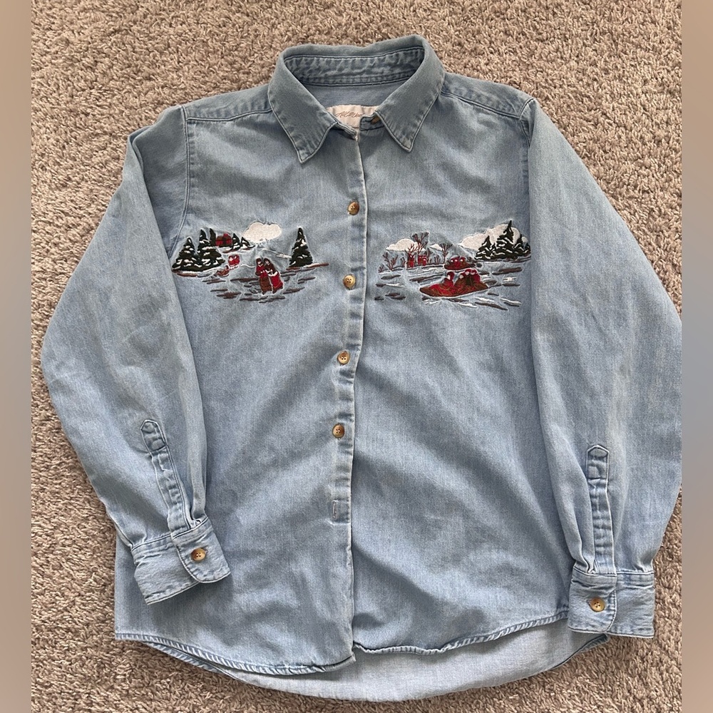 Vintage Embroidered Denim Shirt | Winter Scene | XS or Small by Mill Neck Bay